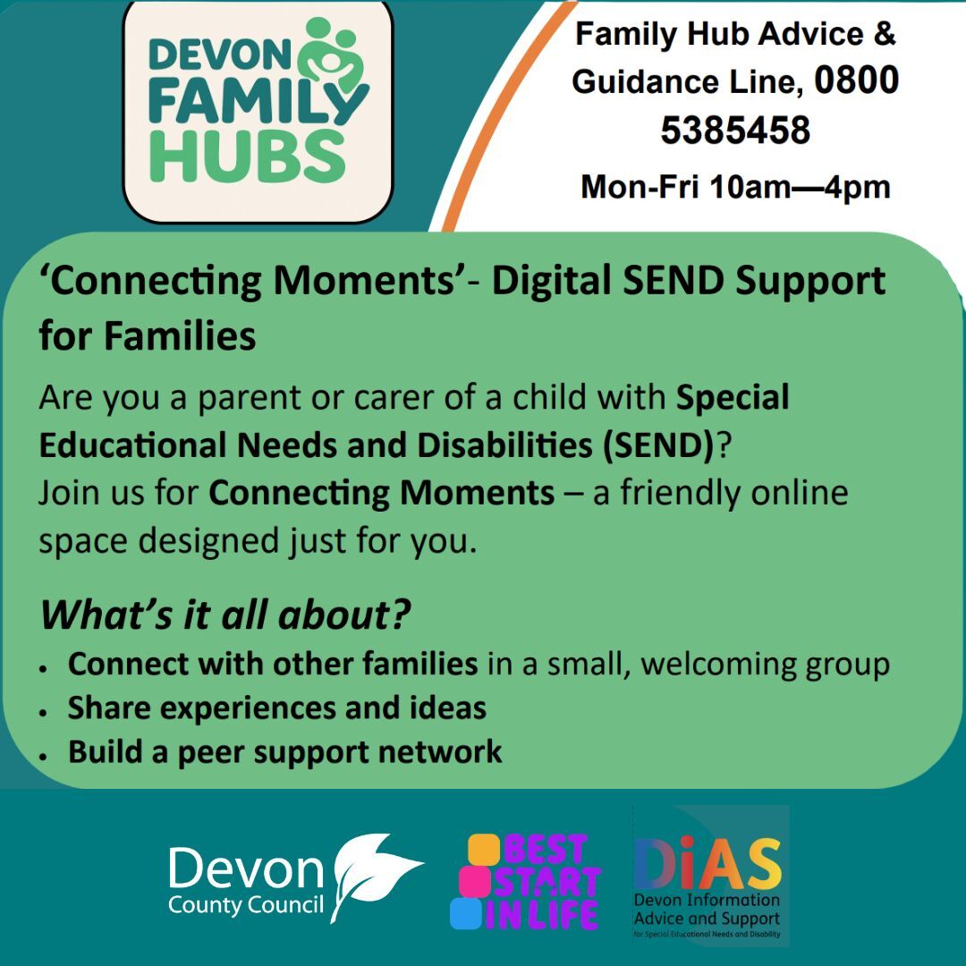 Devon Family Hubs flyer promoting Connecting Moments, an online SEND support group for families with contact details