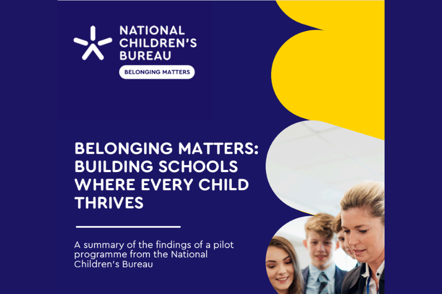 Cover of Belonging Matters report with title and National Children’s Bureau logo on a blue and yellow background
