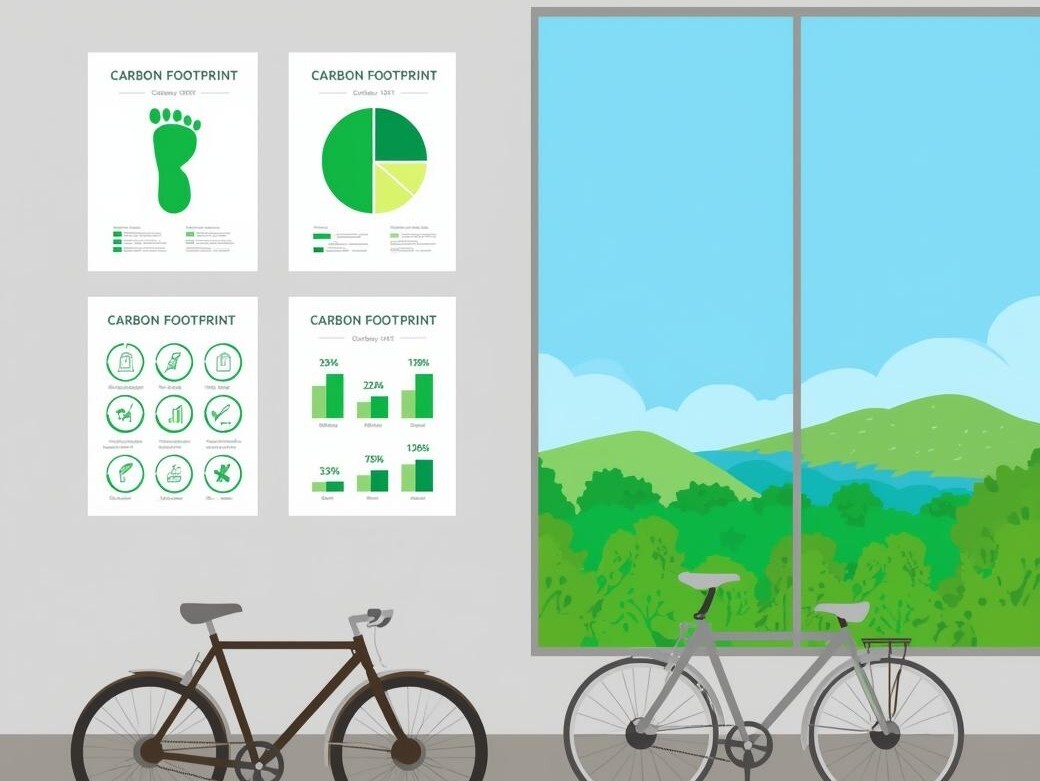 Office with carbon footprint charts, bicycles nearby, and green outdoor scenery symbolising sustainability.