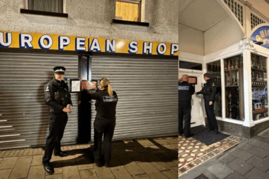 Two photographs of police and Trading Standards officers stood outside two shops that have been closed for trading illegal tobacco