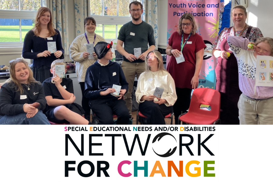 Group holding leaflets at a SEND event with a banner for Youth Voice and Participation and Network for Change logo.