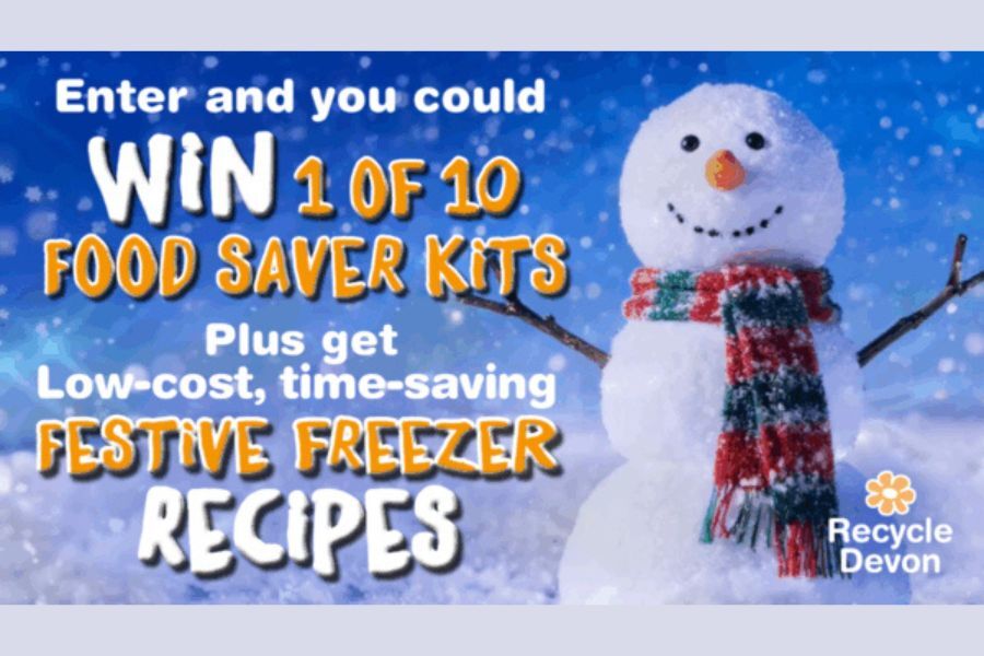 Child's drawing of a snowman. Text: Enter and win 1 of 10 food saver kits plus get low cost time saving festive freezer recipes