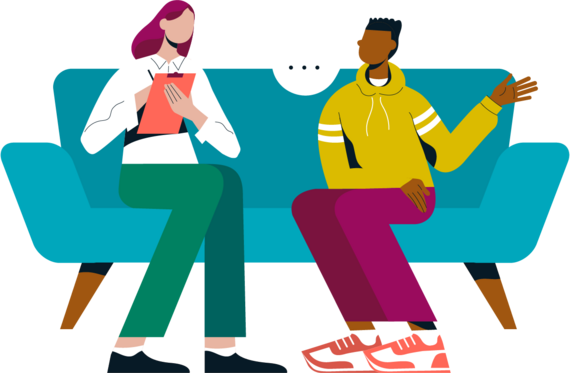 Illustration of two people sitting on a sofa, one holding a clipboard, having a conversation.