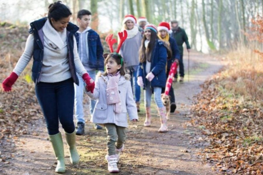 A family dressed in warm festive clothes enjoying a walk in the woods in winter