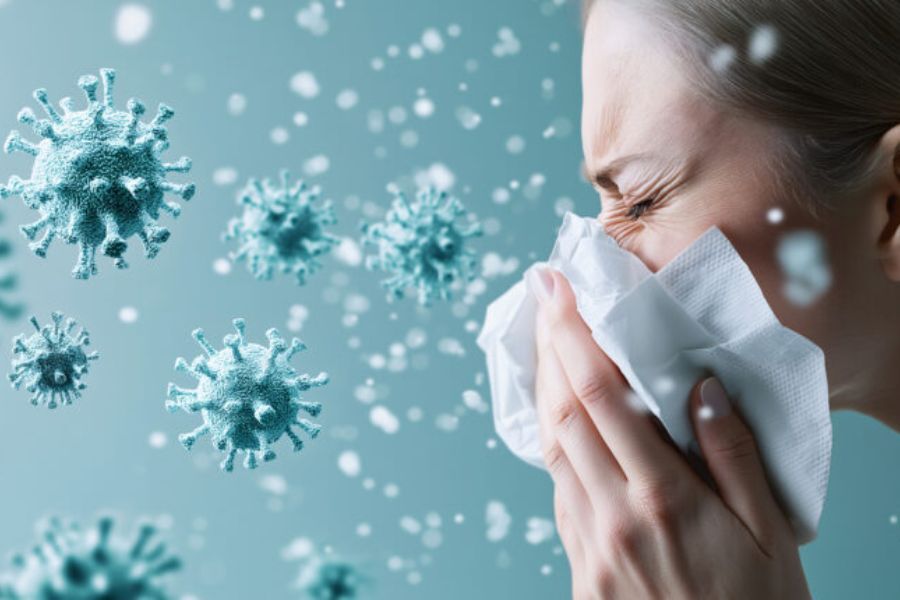 Women sneezing into a handkerchief and visual representations of viruses around her 