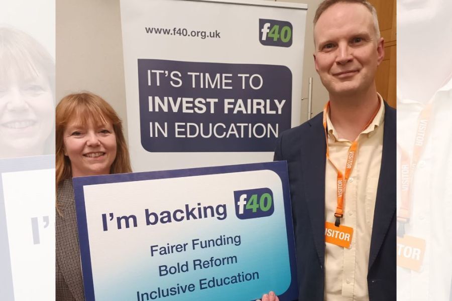 Councillors Bickley and Jefferies holding a poster that says we're backing the f40 fairer funding campaign