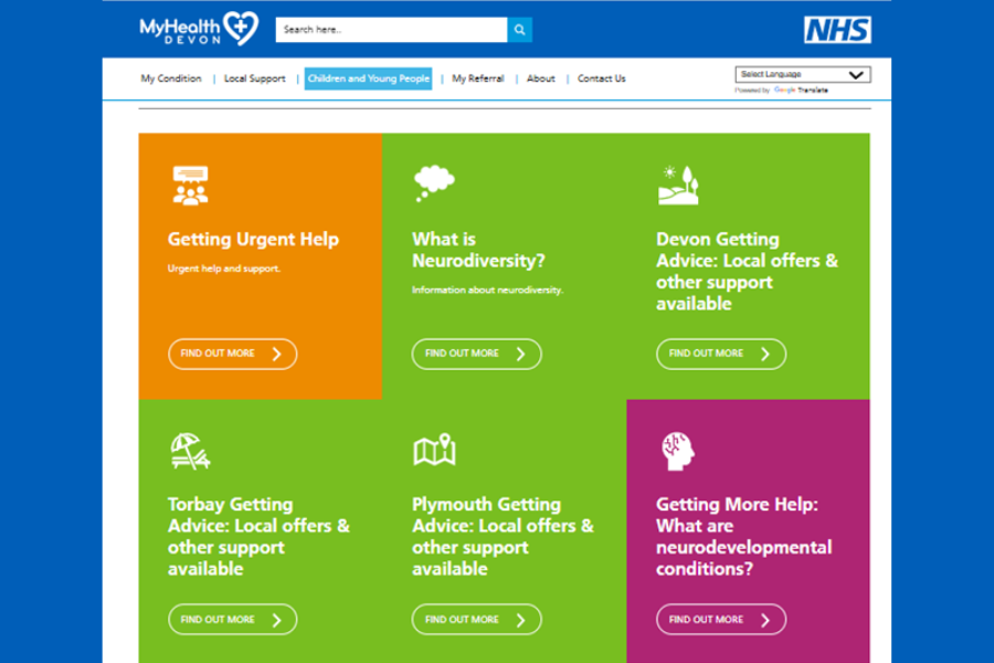 MyHealth Devon neurodiversity webpage showing links to urgent help, advice, and local support for children and young people.