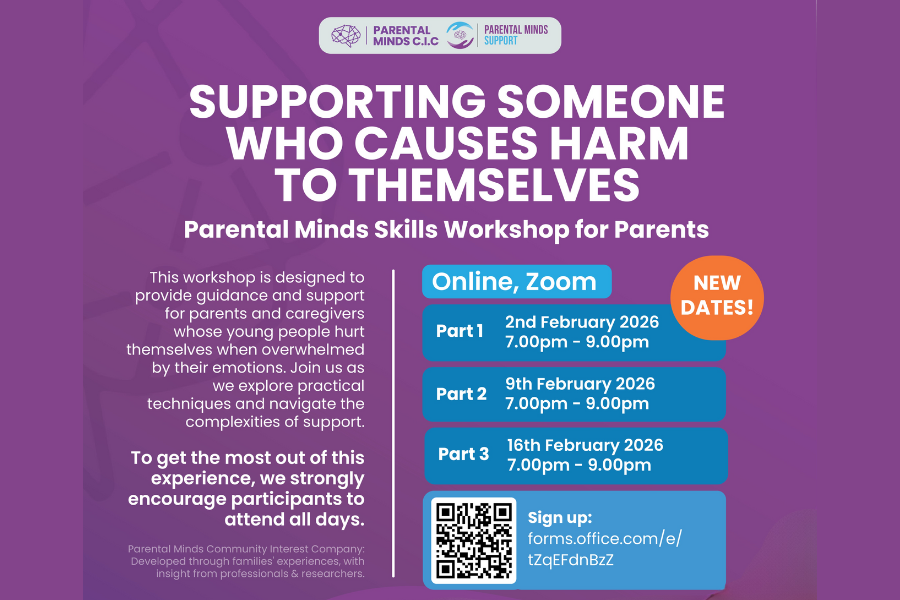 Purple poster advertising Parental Minds online Zoom workshop supporting parents of young people who self-harm, Feb 2026.