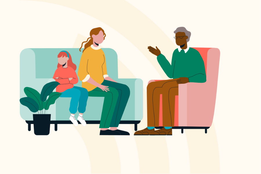 Illustration of a parent and child sitting together on a sofa, talking with a professional seated opposite them. 