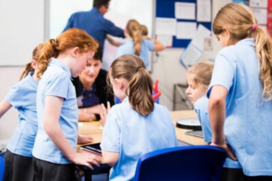 young school children in class working