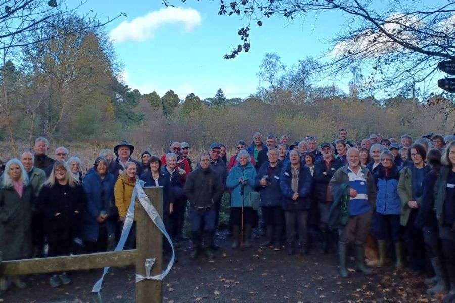 A large group of people at the opening of the one of the new walking trails at Stover Country Park