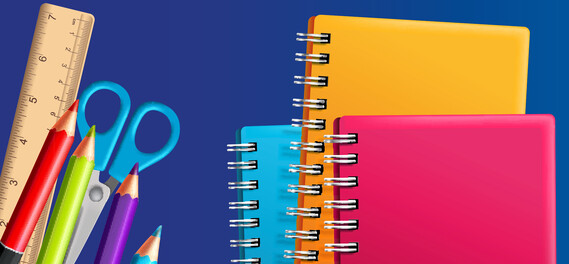 back to school graphics showing stationery - pens notepad pencils