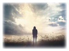 An image shows the silhouette of a woman standing in a field against a blue and pink skyline