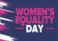 A purple background features pink text saying: women's equality day