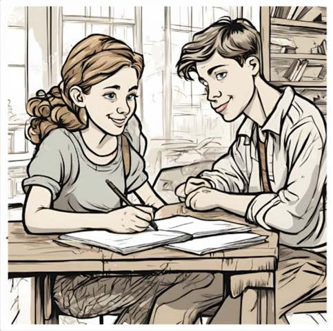 Illustration of a girl and a boy sitting at a table in a library writing in their notebooks.