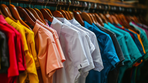 bright coloured school uniforms on hanging rails