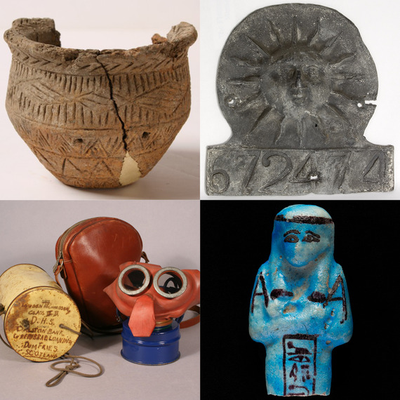A montage of images including an antique firemark, a Bronze Age pot, an Egyptian shanti and a wool war two gas mask.