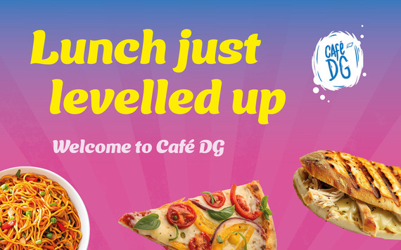 Colourful Café DG graphic reading “Lunch just levelled up – Welcome to Café DG”, with noodles, pizza and a toasted panini.