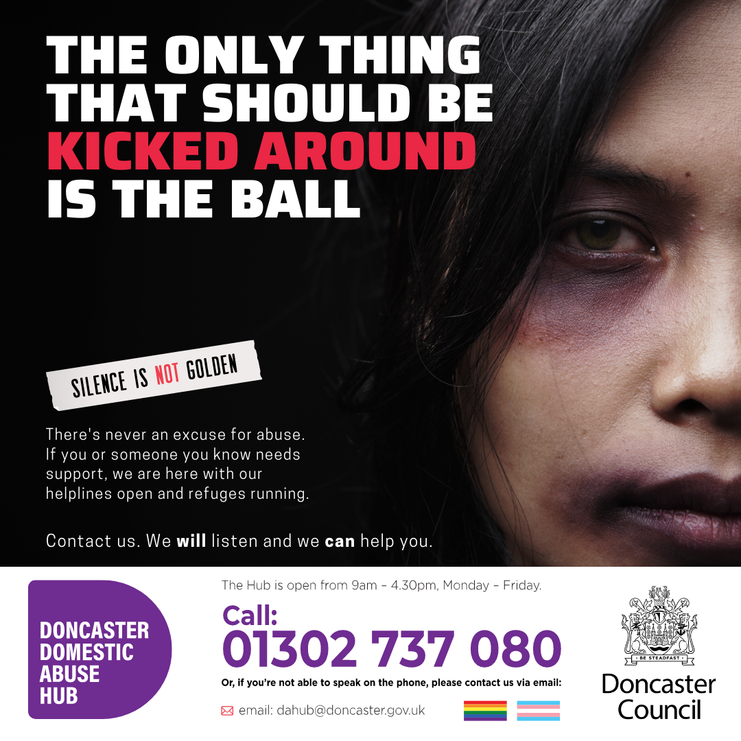 An image of a woman with a black eye and the phrase the only thing that should be kicked around is the football