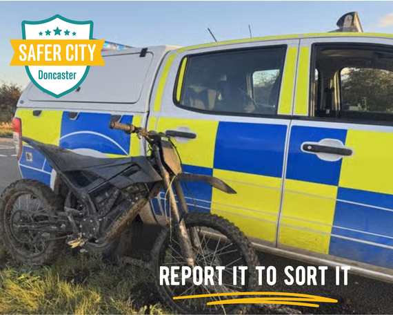 Image shows an offroad bike next to a police vehicle, with text instructing the public to "Report it to Sort It"