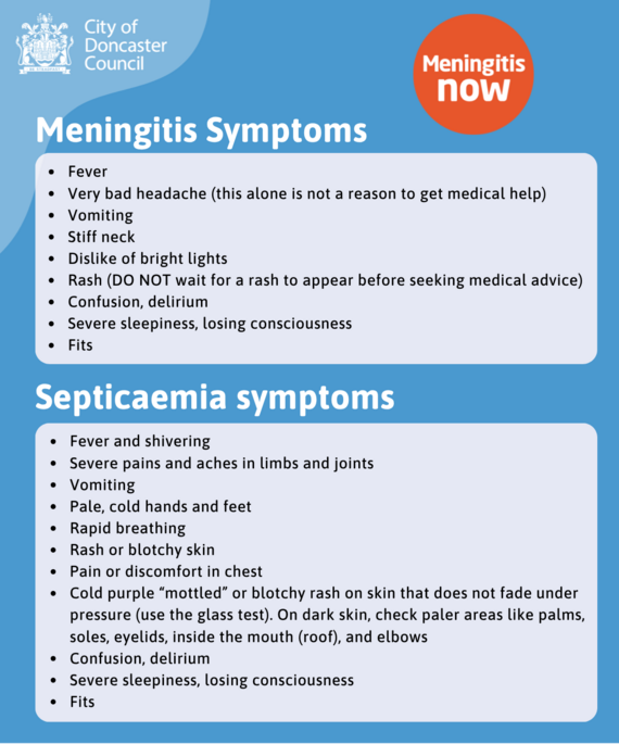 Meningitis information on a blue background with the council logo