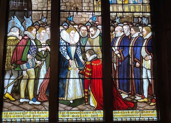 Queen Elizabeth stained glass window at Sandwich Guildhall