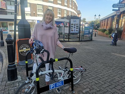 cllr karen shakespeare with new cycle racks