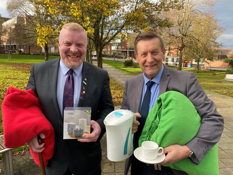 Councillor Corfield and Councilor Clinton with Donated Items