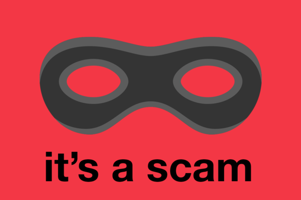Black mask on red background with caption 'It's a scam'