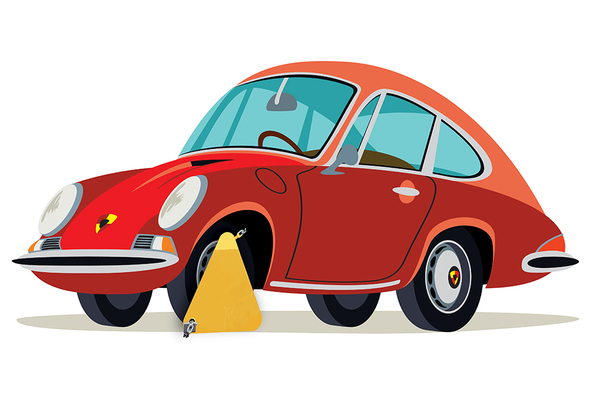 Cartoon image of a clamped Porsche
