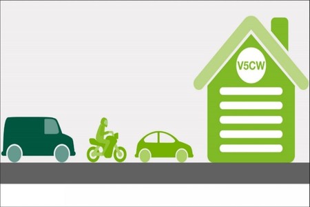 Van, motorcycle, car and house titled V5CW 