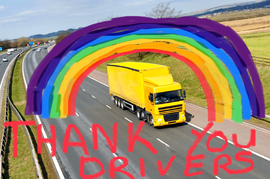 Lorry with thank you driver rainbow text