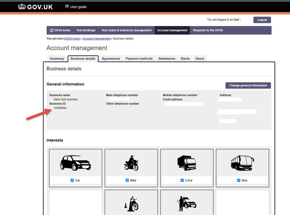 Screen shot showing business ID number
