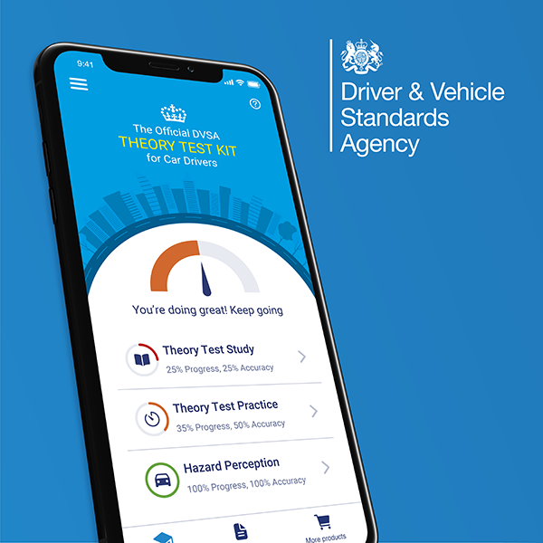The official DVSA Theory Test Kit App for Car Drivers shown on a phone screen