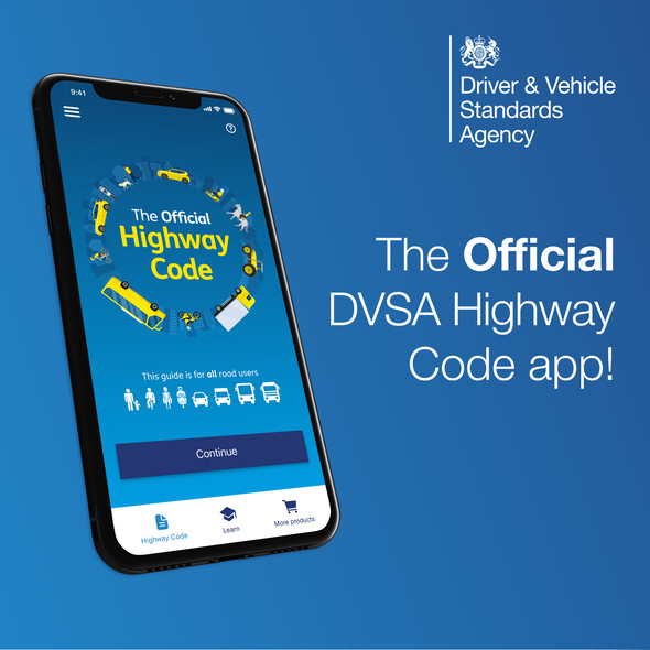 The official Highway Code app shown on a phone with a blue background.