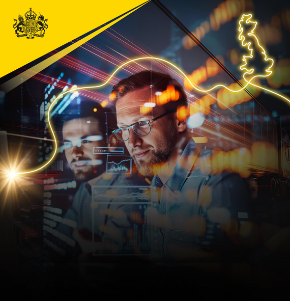 Two men in profile, with a glowing line forming Great Britain and digital data overlays in the background. Includes His Majesty's Government logo.
