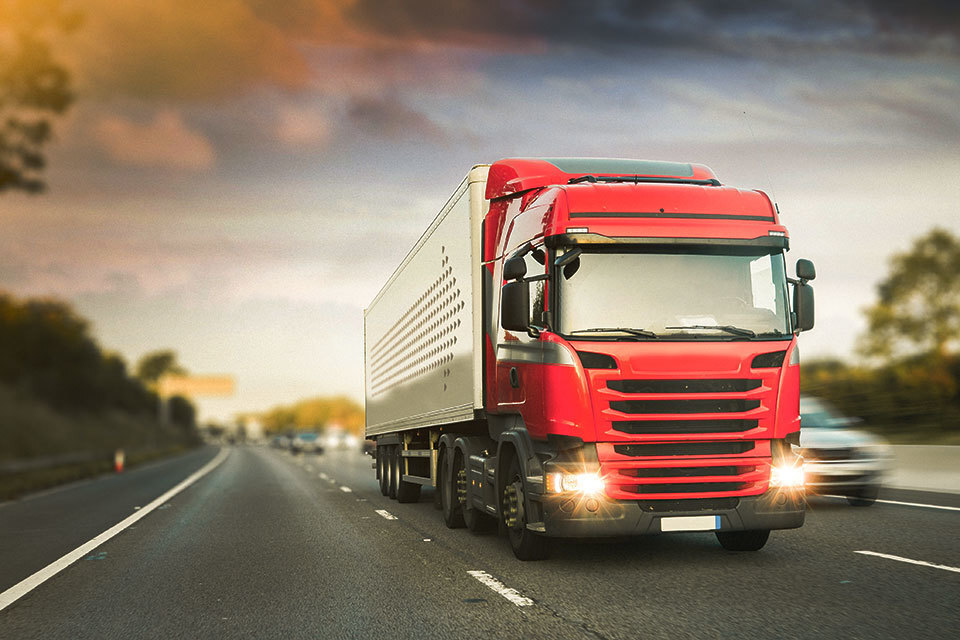 Red heavy goods vehicle