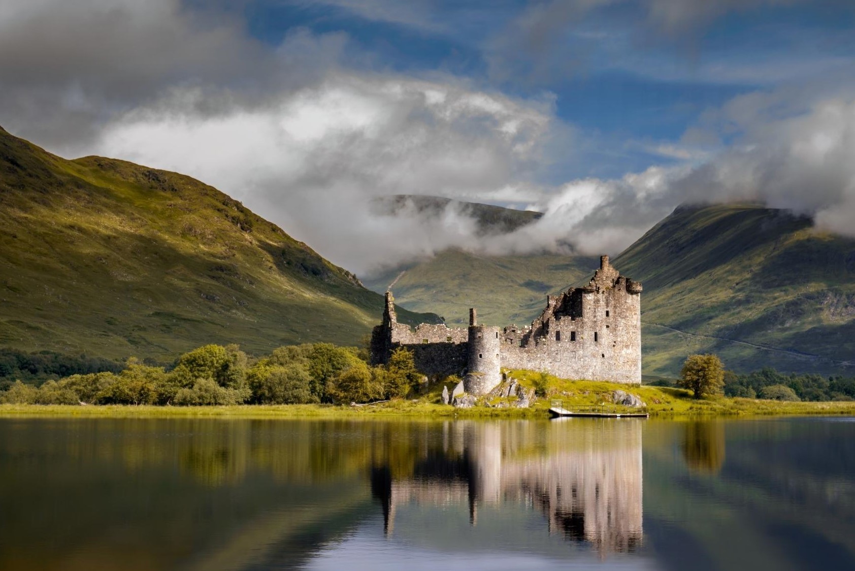 Scene of the Scottish highlands with castle and lake