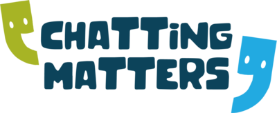 Chatting matters logo with green and blue smiling cartoon speech marks