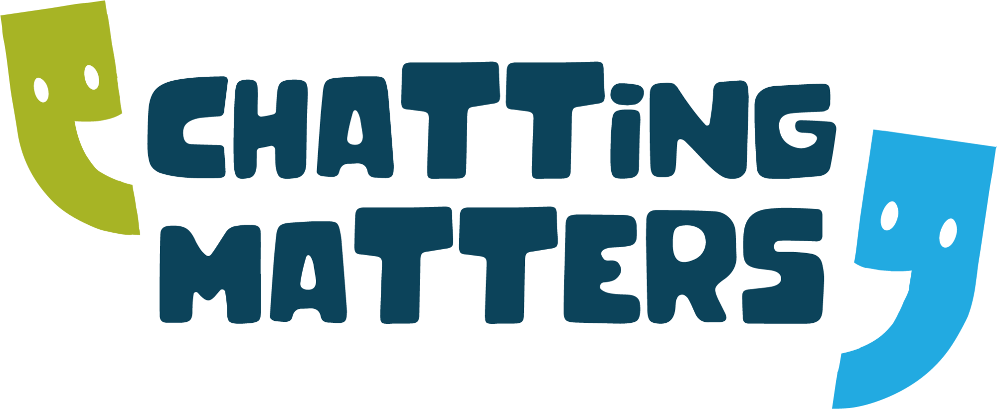 Chatting matters logo with green and blue smiling cartoon speech marks