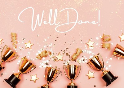 Trophies and confetti against a pale pink background with the words 'Well Done!' in white