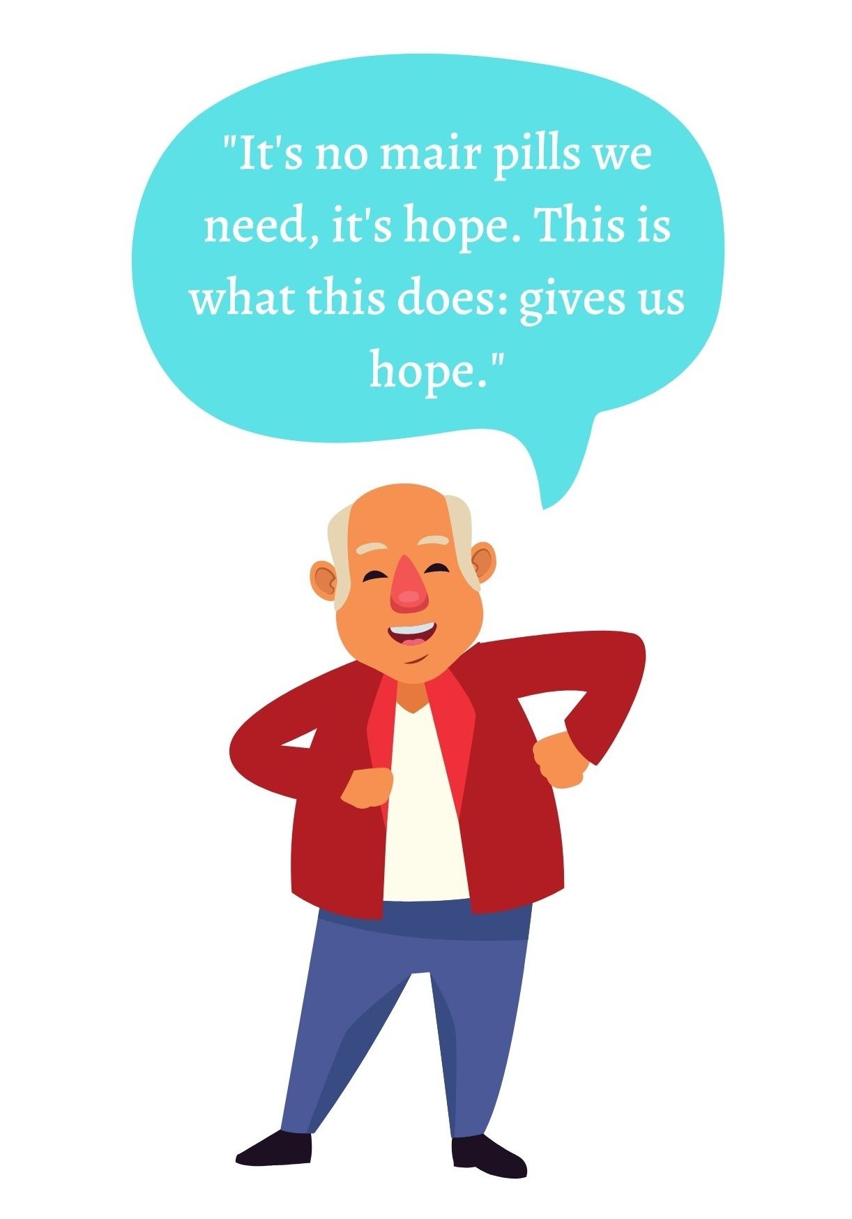 Cartoon graphic of an old man with a speech bubble, which reads: 