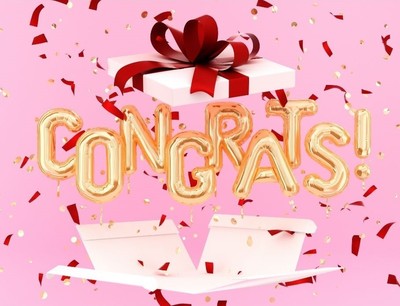 Confetti exploding from a large white gift box with red ribbon. The word: 'Congrats' is in balloons