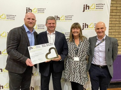 Footballer John Hartson pictured with Craig McArthur, Clare Maitland and Jim Murdoch at the Gambling Recovery Workshop