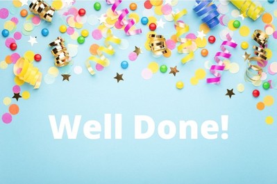 'Well Done!' written in white letters against a blue background with balloons and party streamers