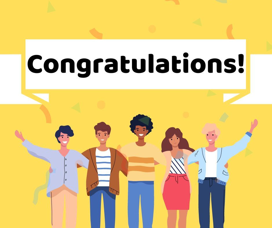 Illustration of a crowd of cheering people standing underneath a white banner, which reads: 'Congratulations!'