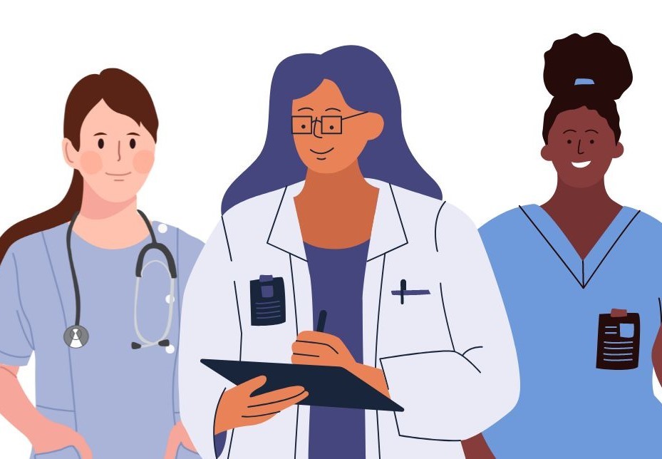 An illustration of three female nurses standing together against a white background