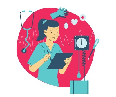 Cartoon graphic of a nurse surrounded by a stethoscope, thermometer and other medical items