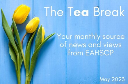 May newsletter header image of yellow tulips against a lilac background