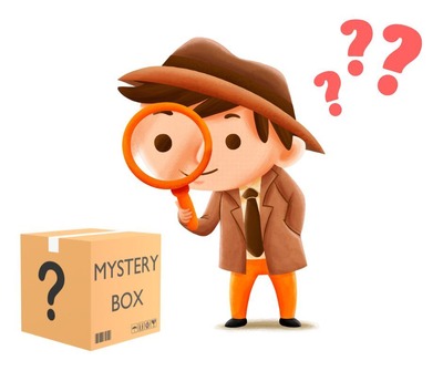 Cartoon detective character examining a cardboard 'mystery' box with a magnifying glass
